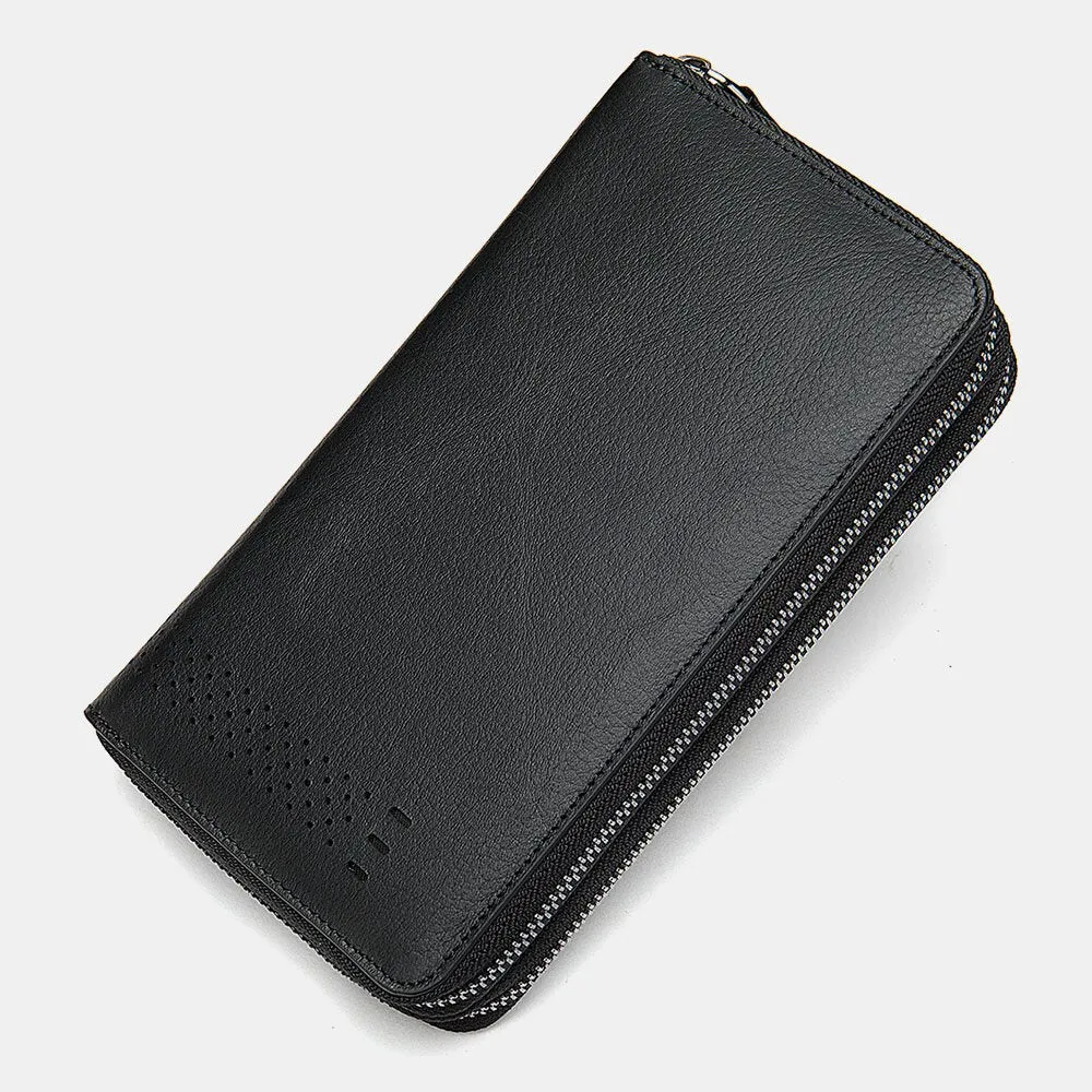 Men Genuine Leather 11 Card Slot Holder Casual Business Wear Resistant Long Double Zipper Coin Purse Wallet