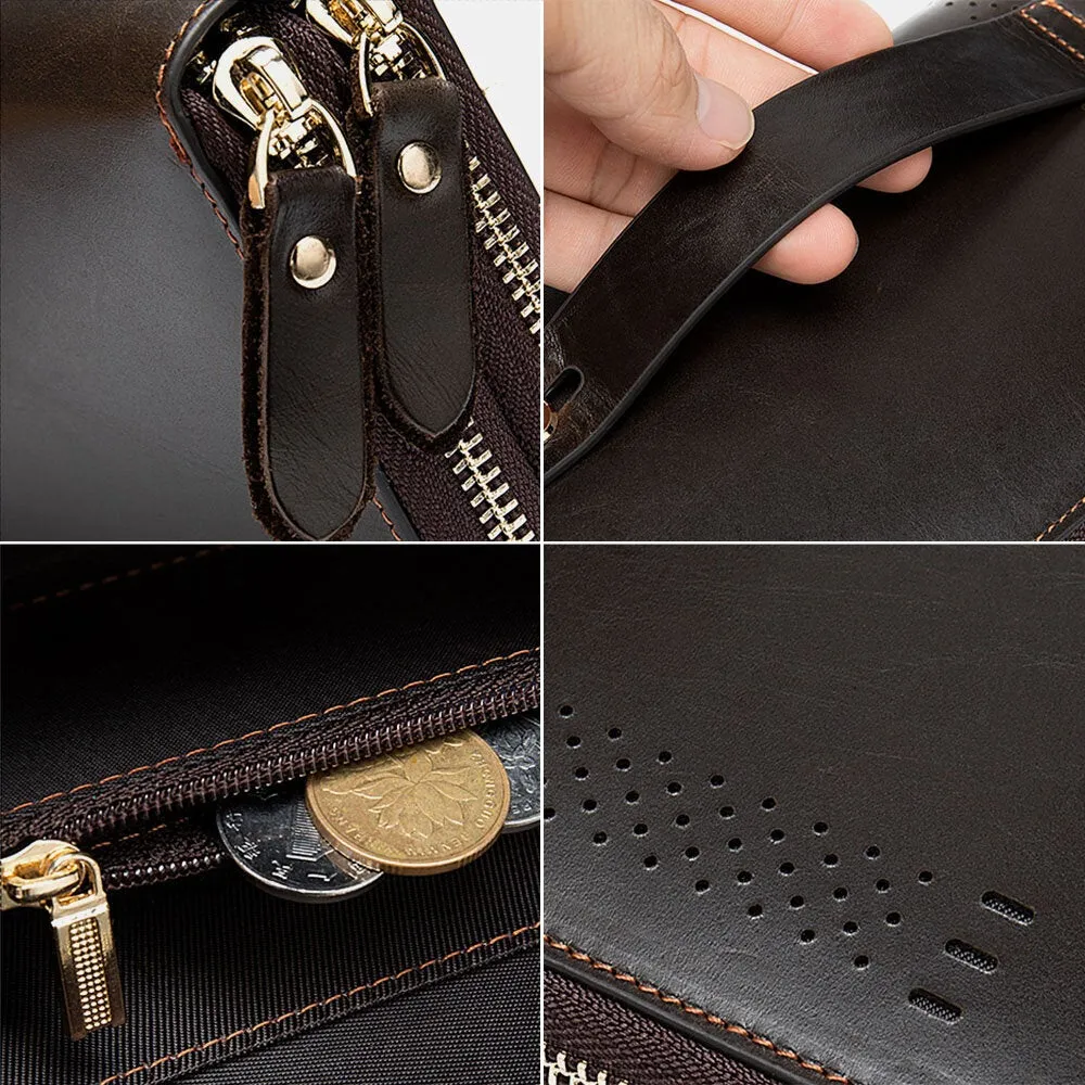 Men Genuine Leather 11 Card Slot Holder Casual Business Wear Resistant Long Double Zipper Coin Purse Wallet