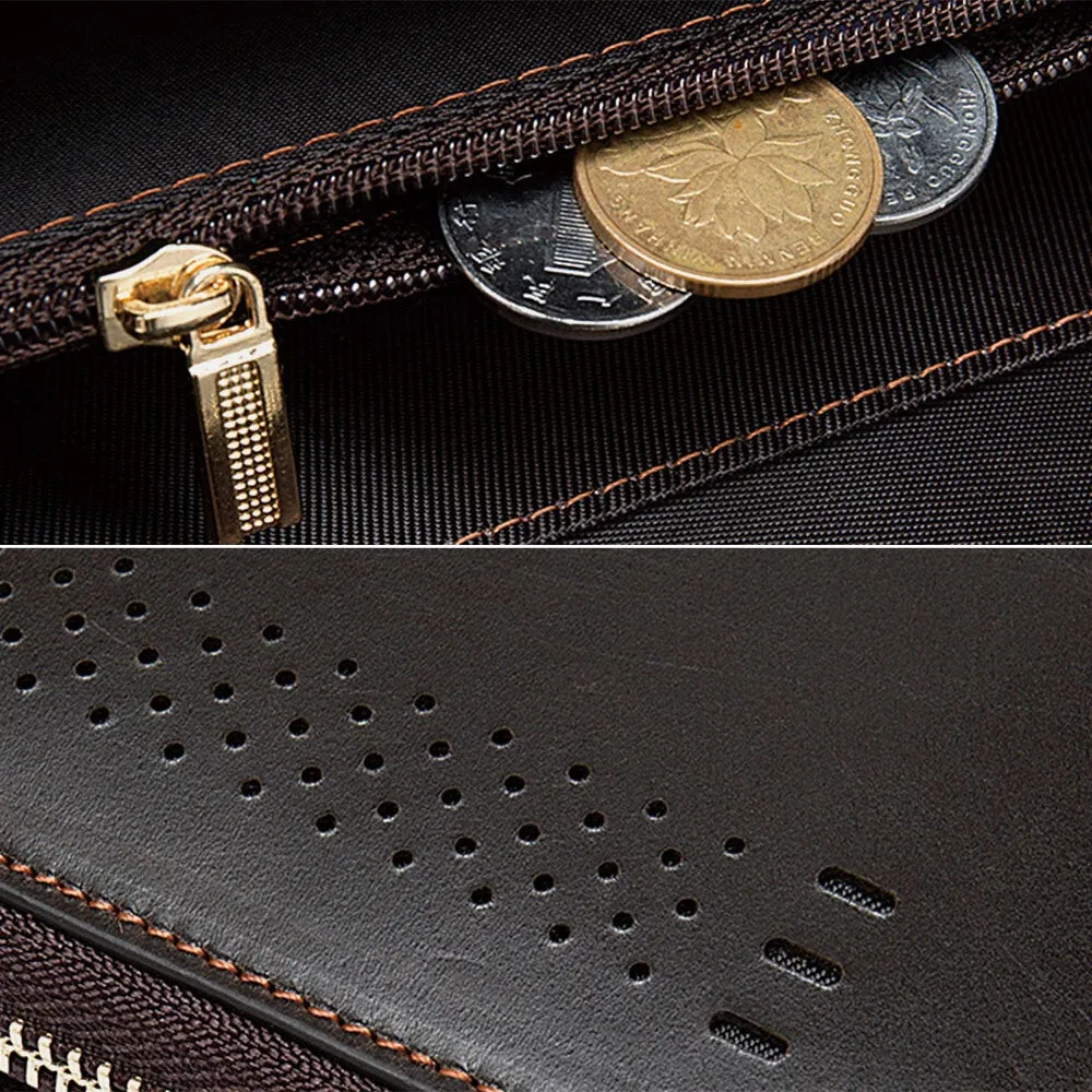 Men Genuine Leather 11 Card Slot Holder Casual Business Wear Resistant Long Double Zipper Coin Purse Wallet