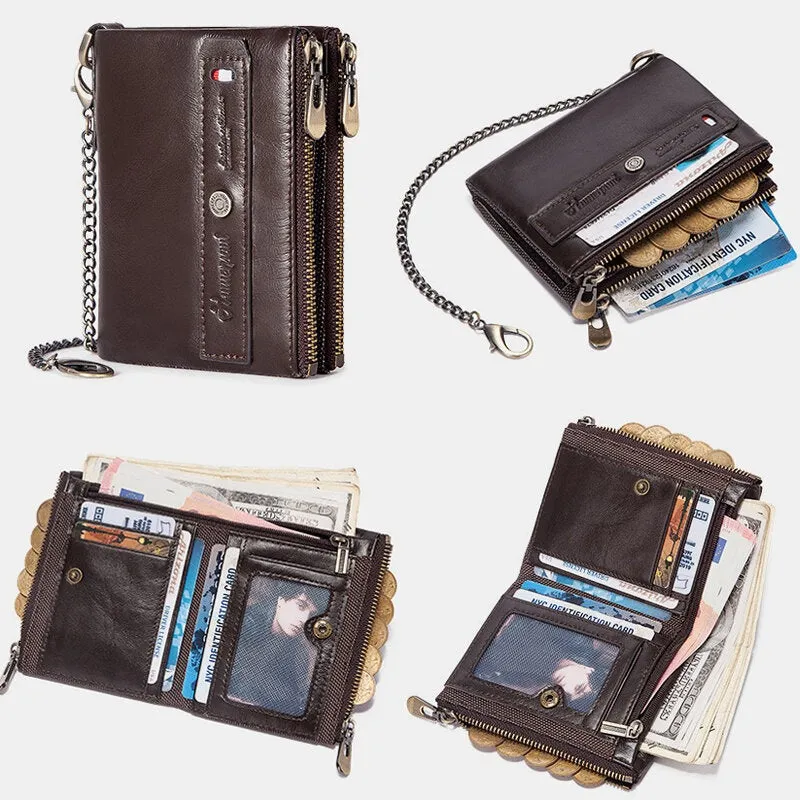 Men Genuine Leather Double Zipper Coin Purse RFID Anti-magnetic 8 Card Slot Case Wallet