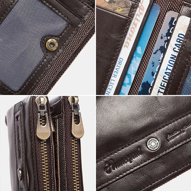 Men Genuine Leather Double Zipper Coin Purse RFID Anti-magnetic 8 Card Slot Case Wallet