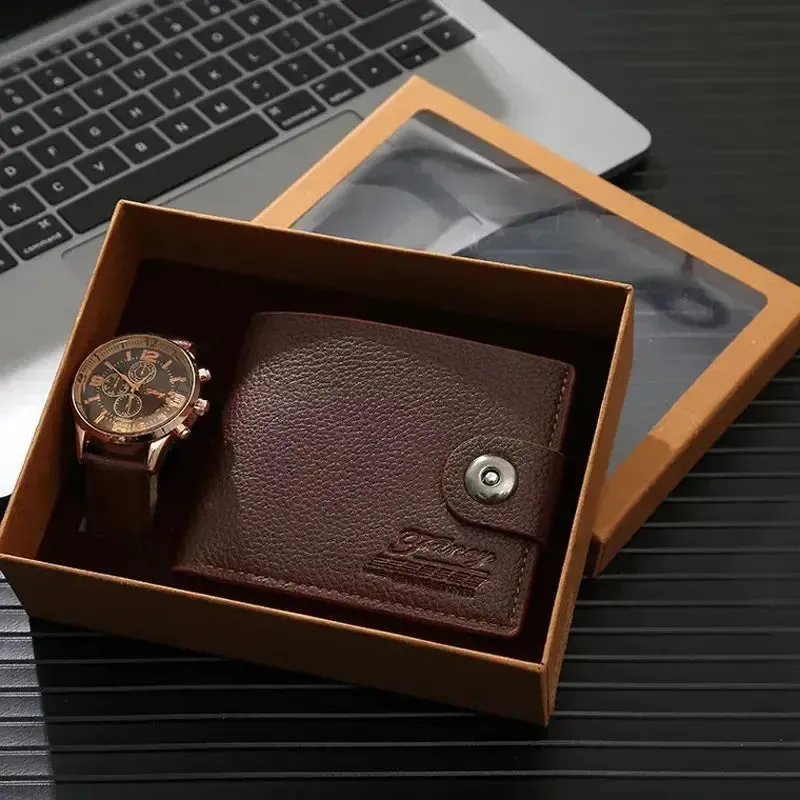 Men Watches  High Quality Quartz Wrist Watch With Folding Clasp Leather Wallet Gift Set for Men Boyfriend Dad Father's Day Gifts