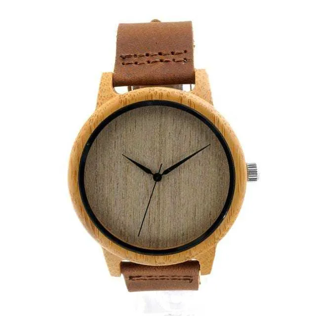 Men Women Bamboo Quartz Watch With Soft Leather Straps