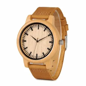 Men Women Bamboo Quartz Watch With Soft Leather Straps