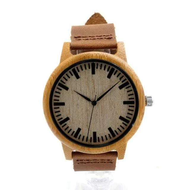 Men Women Bamboo Quartz Watch With Soft Leather Straps