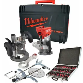 Milwaukee M18FTR-0 18V Brushless Trim Router in Case   1/4" 35 Piece Cutter Set