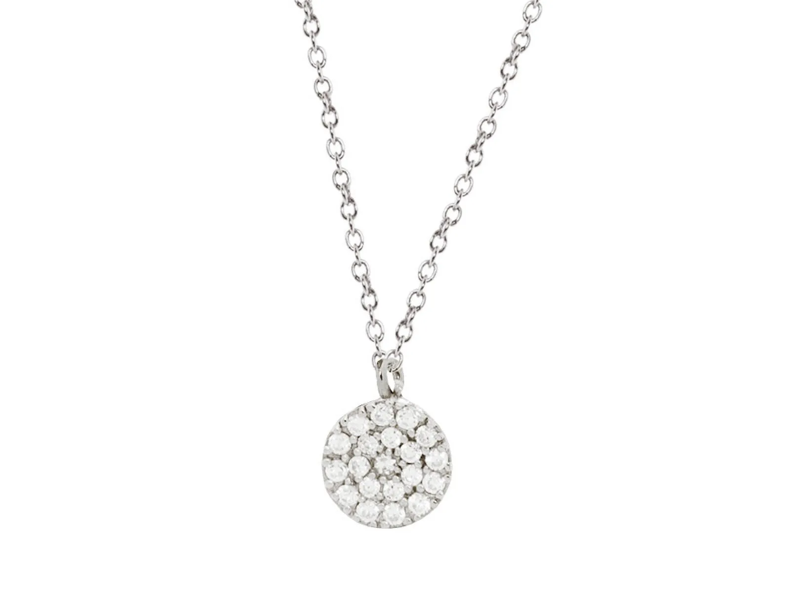 Mini Sparkling Pave Cz Disc Necklace in Sterling Silver, 16"   2"