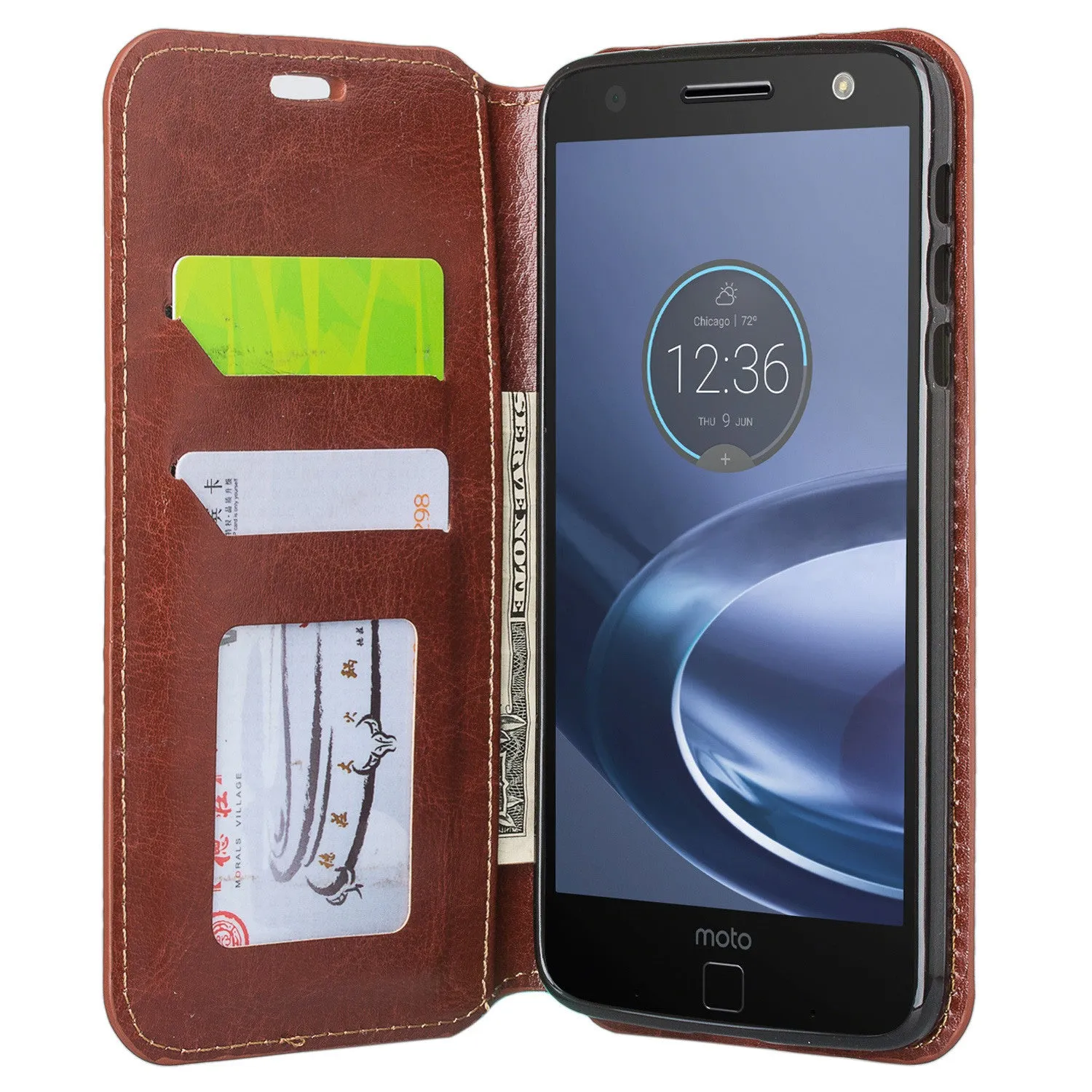 Moto Z Force Droid Case, Motorola Z Force Droid Wallet Case, Slim Leather Wallet Case [Kickstand] with ID & Credit Card Slots - Brown