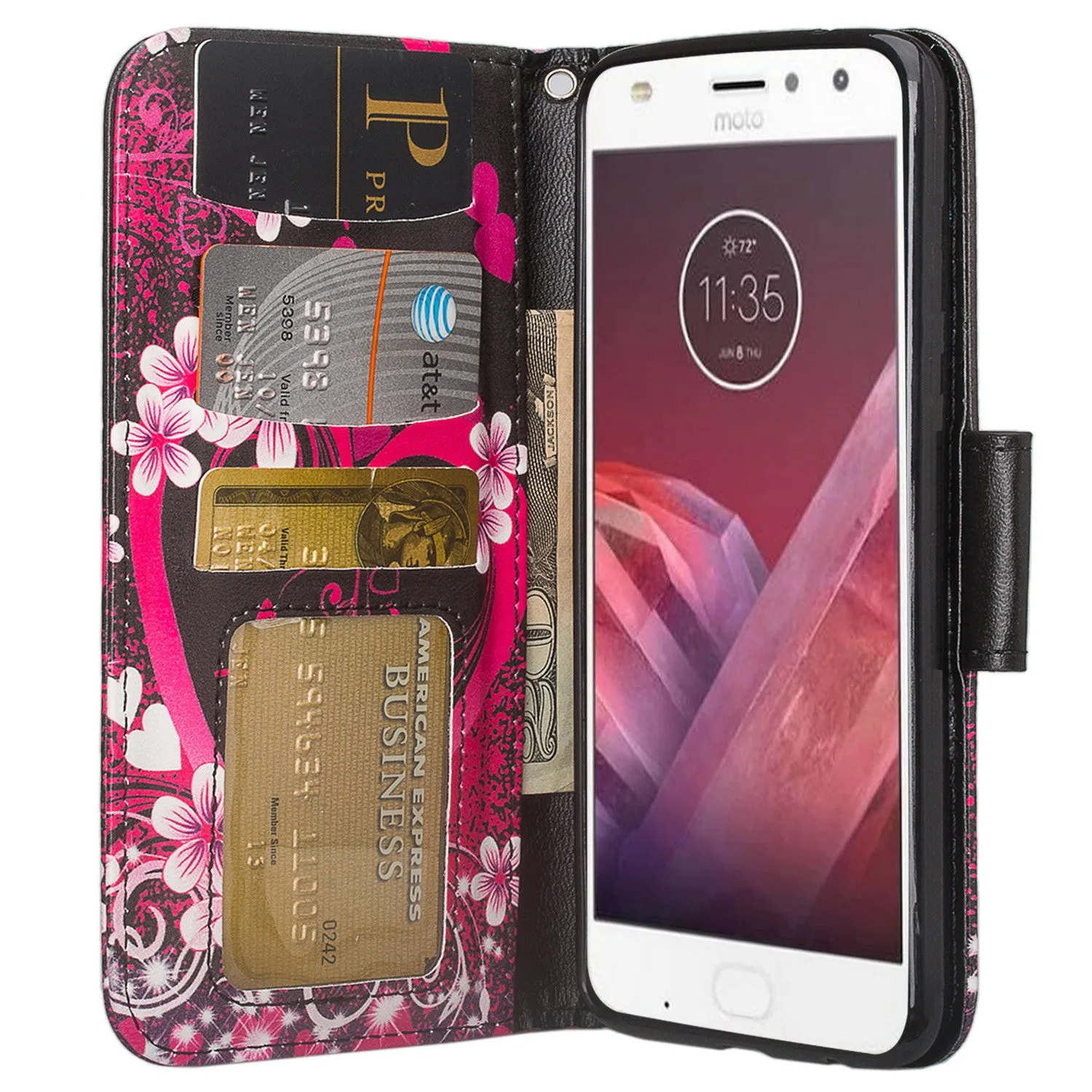 Motorola Moto Z2 Play Case, Moto Z2 Play Wallet Case, Slim Flip Folio [Kickstand] Pu Leather Wallet Case with ID & Card Slots & Pocket   Wrist Strap - Heart Butterflies