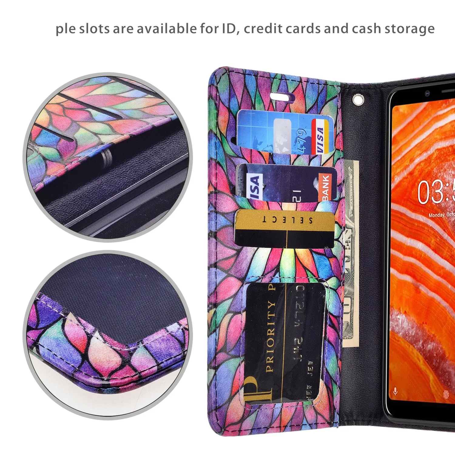 Nokia 3.1 Plus Case, Nokia 3.1 Plus Wallet Case, Wrist Strap Pu Leather Wallet Case [Kickstand] with ID & Credit Card Slots - Rainbow Flower