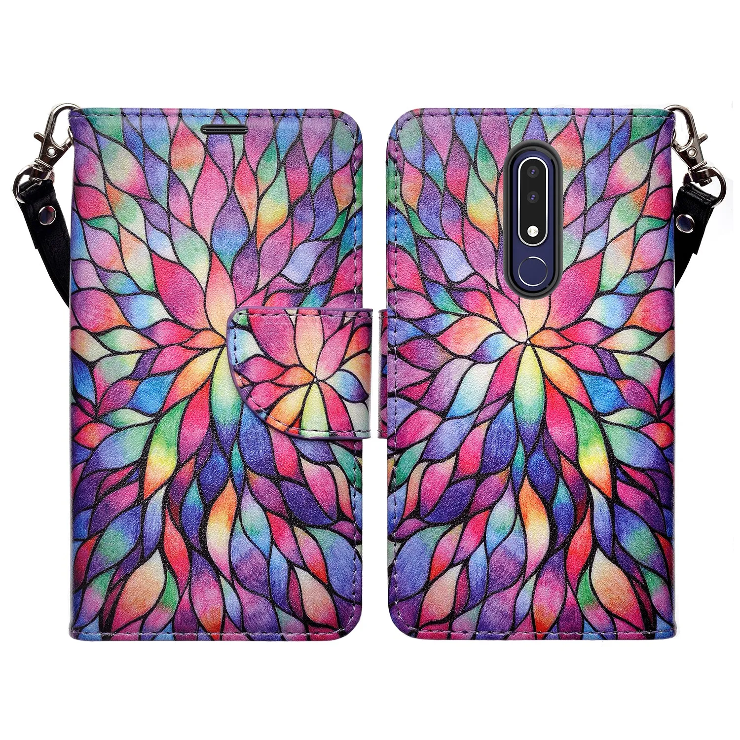 Nokia 3.1 Plus Case, Nokia 3.1 Plus Wallet Case, Wrist Strap Pu Leather Wallet Case [Kickstand] with ID & Credit Card Slots - Rainbow Flower