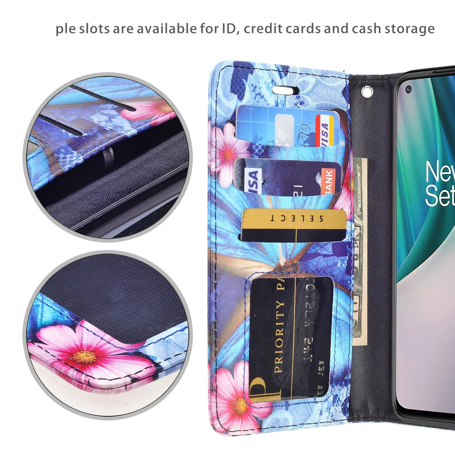 OnePlus Nord N10 5G Case, Nord N10 5G Wallet Case, Wrist Strap Pu Leather Wallet Case [Kickstand] with ID & Credit Card Slots - Blue Butterfly