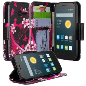 Onetouch Pixi Pulsar Case, Wrist Strap Flip Fold [Kickstand Feature] Pu Leather Wallet Case with ID & Credit Card Slots For Alcatel Onetouch Pixi Pulsar - Hot Pink Hearts