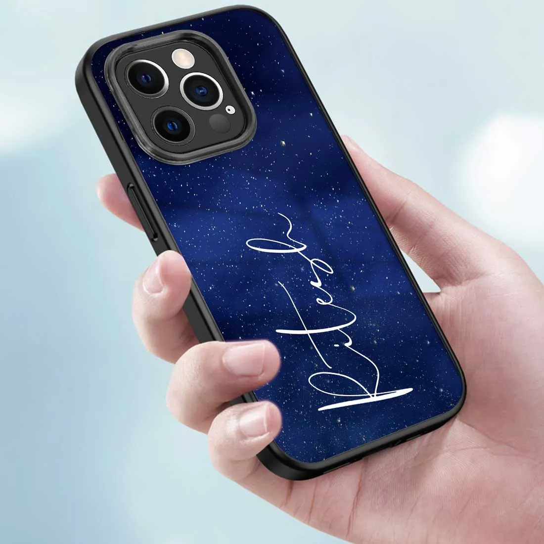 Personalized iPhone 12 pro Cover Navy Blue Mobile Case With Calligraphy Name - Stars