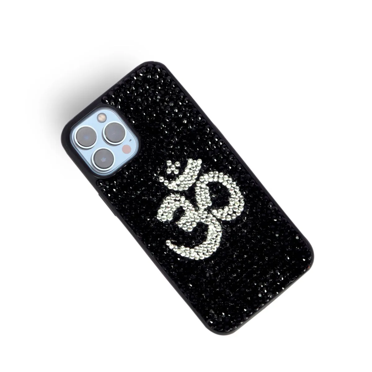 Personalized "OM Symbol" Black And Silver Swarovski Crystal Zardosi Apple iPhone 13 Series Mobile Cover By Brune & Bareskin