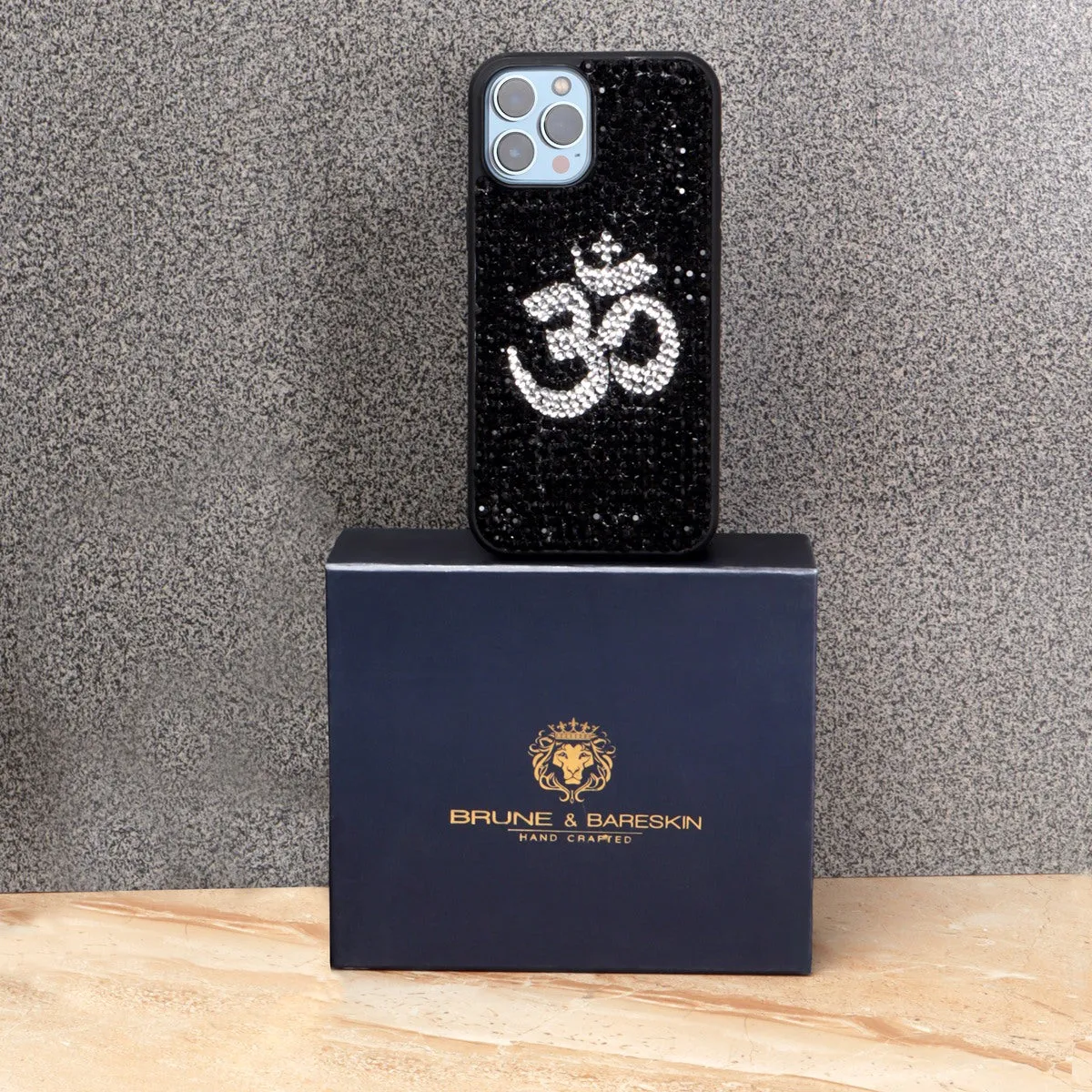 Personalized "OM Symbol" Black And Silver Swarovski Crystal Zardosi Apple iPhone 13 Series Mobile Cover By Brune & Bareskin