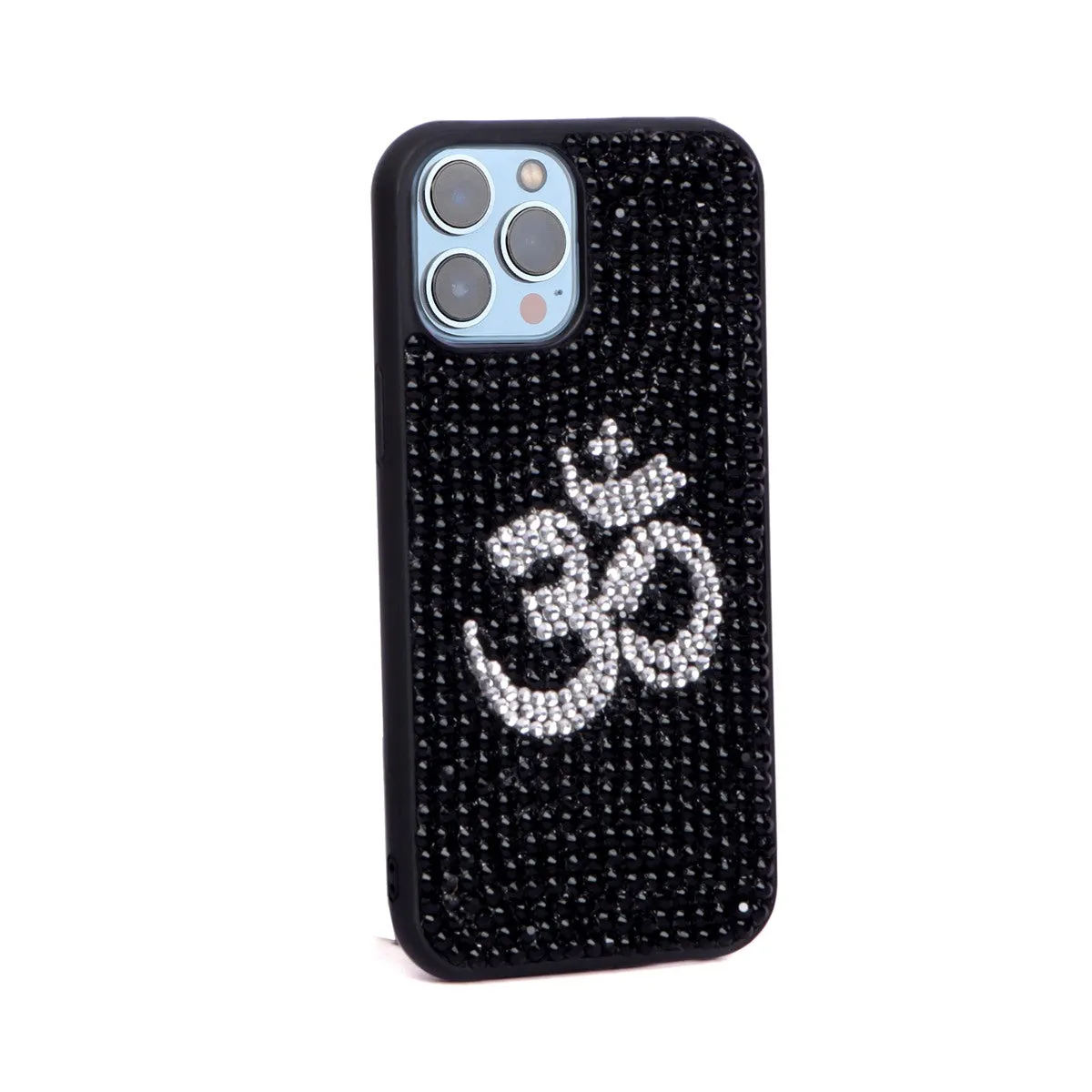 Personalized "OM Symbol" Black And Silver Swarovski Crystal Zardosi Apple iPhone 13 Series Mobile Cover By Brune & Bareskin