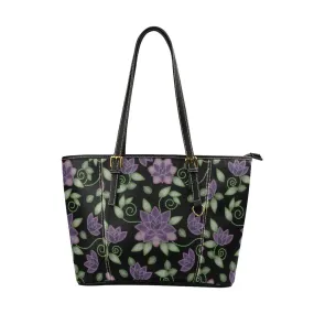 Purple Beaded Rose Leather Tote Bag/Large