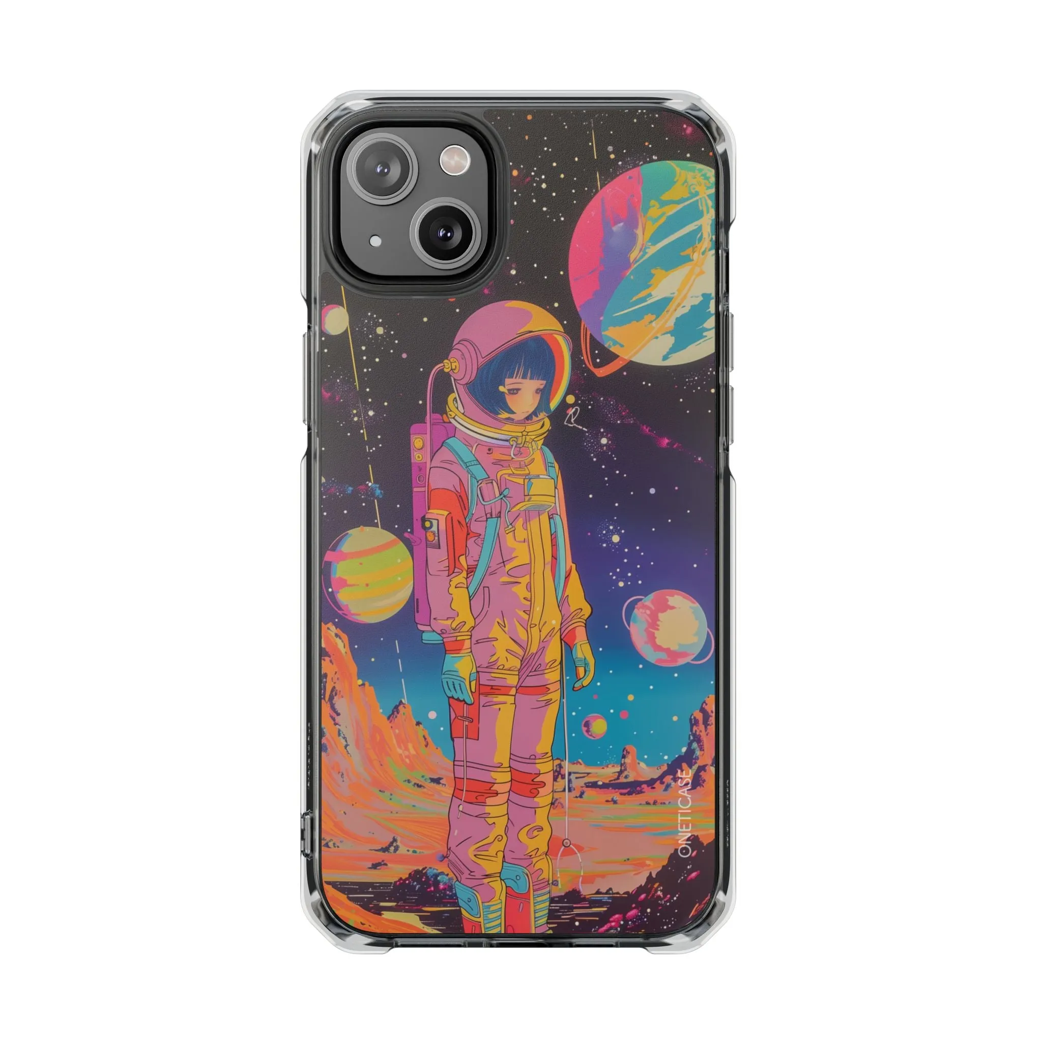 Retro Girl Astronaut Anime on Planet X Magnetic Clear Case for iPhone Series