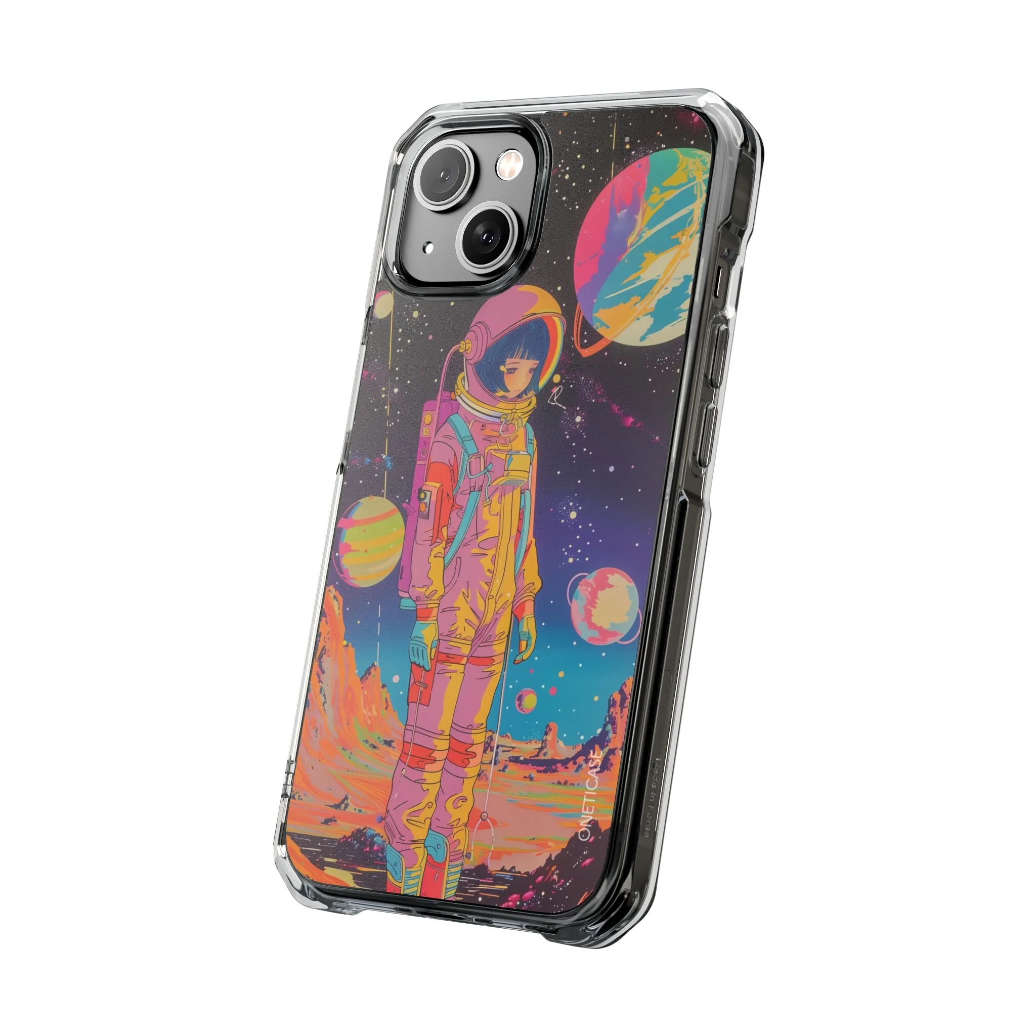 Retro Girl Astronaut Anime on Planet X Magnetic Clear Case for iPhone Series