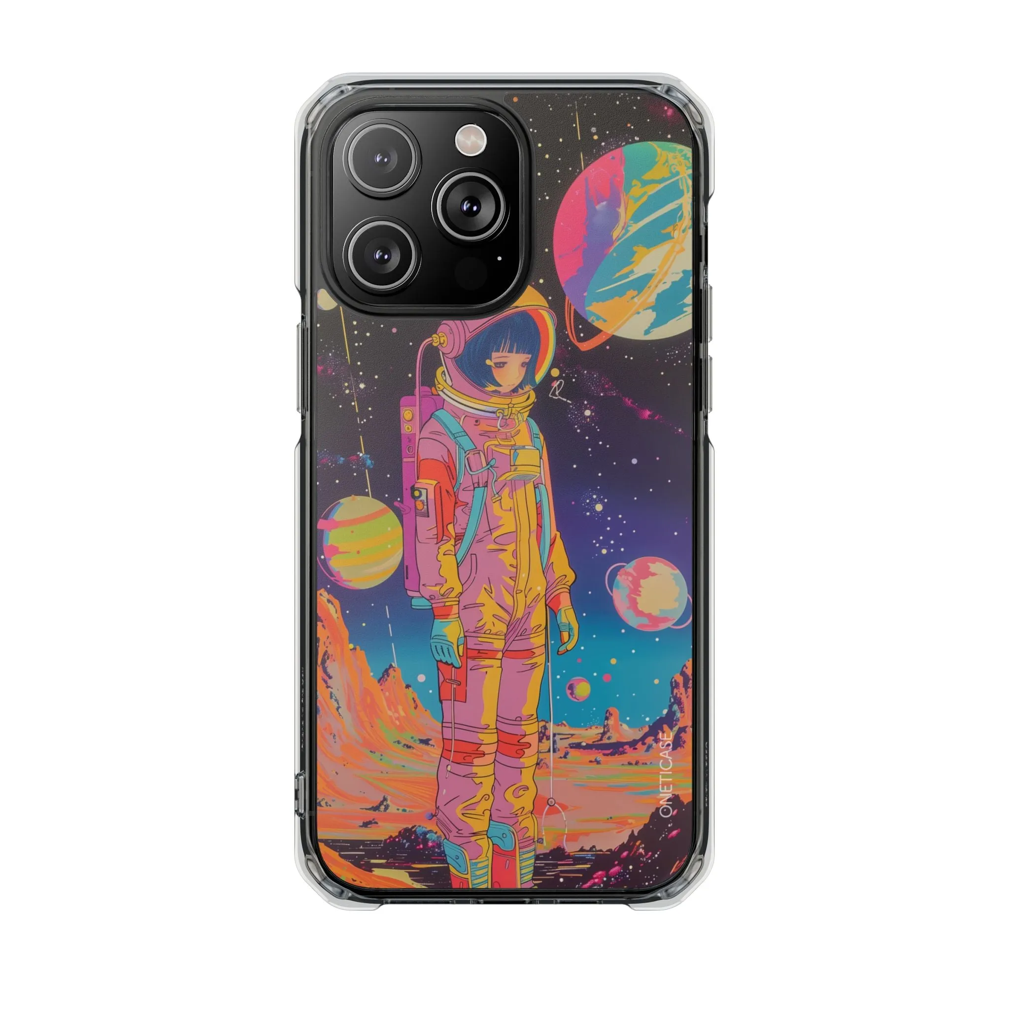 Retro Girl Astronaut Anime on Planet X Magnetic Clear Case for iPhone Series