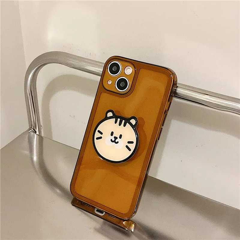 Retro Kawaii Puppy Cat Bracket Chocolate Clear Phone Case For iPhone