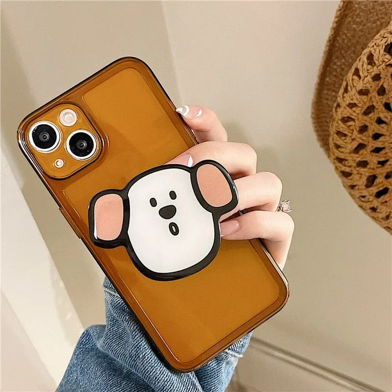 Retro Kawaii Puppy Cat Bracket Chocolate Clear Phone Case For iPhone