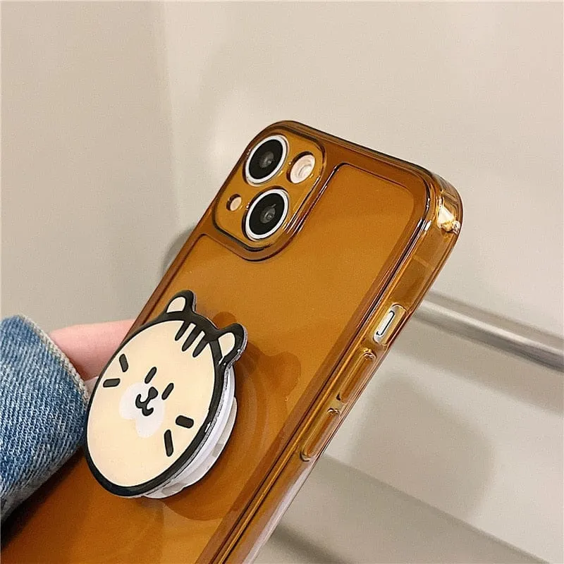 Retro Kawaii Puppy Cat Bracket Chocolate Clear Phone Case For iPhone