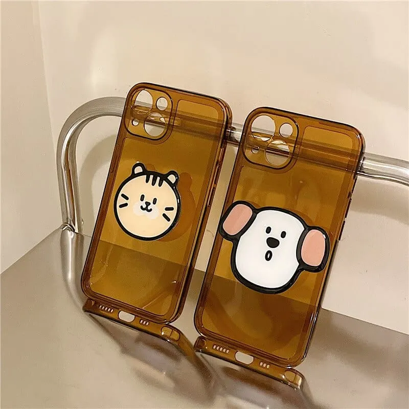 Retro Kawaii Puppy Cat Bracket Chocolate Clear Phone Case For iPhone