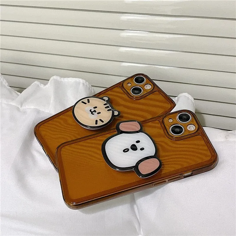 Retro Kawaii Puppy Cat Bracket Chocolate Clear Phone Case For iPhone