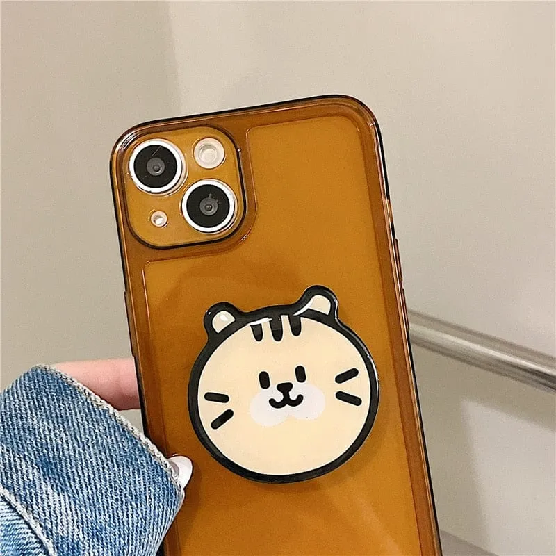 Retro Kawaii Puppy Cat Bracket Chocolate Clear Phone Case For iPhone