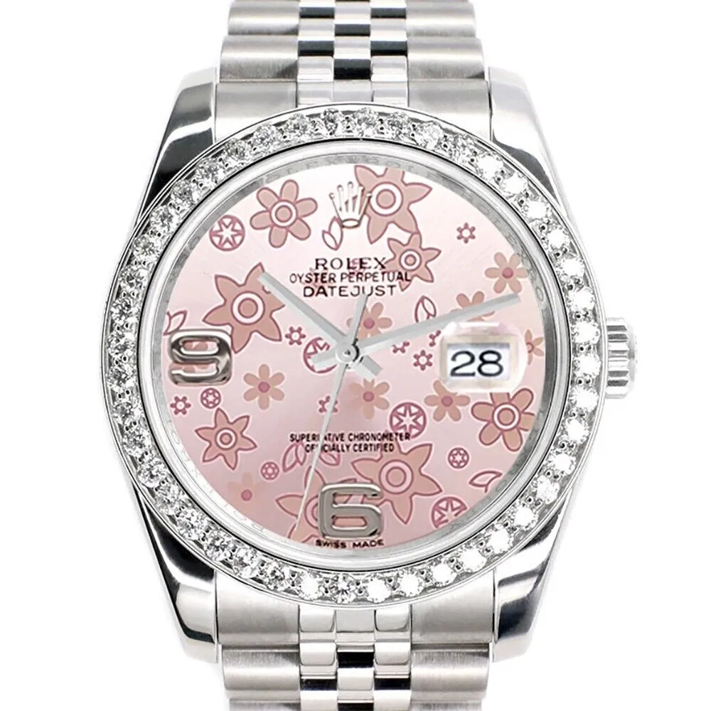 Rolex Datejust 36MM Pink Floral Dial Watch with 2CT Custom Diamond Bezel   TFJ-142507968