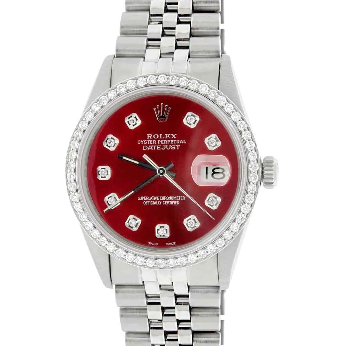 Rolex Datejust 36mm Steel Jubilee Watch with Imperial Red Dial &amp; Diamond Bezel TFJ-142508128