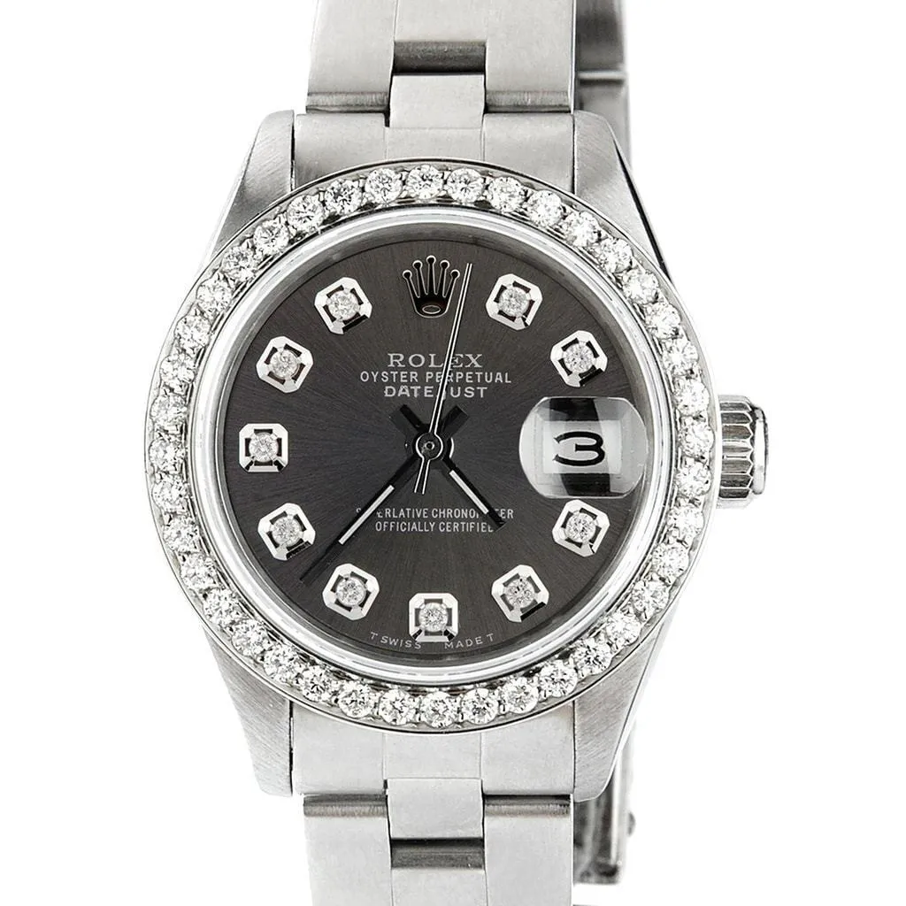 Rolex Datejust Ladies 26mm Steel Oyster w/Charcoal Grey Diamond Dial &amp; Bezel TFJ-142508074