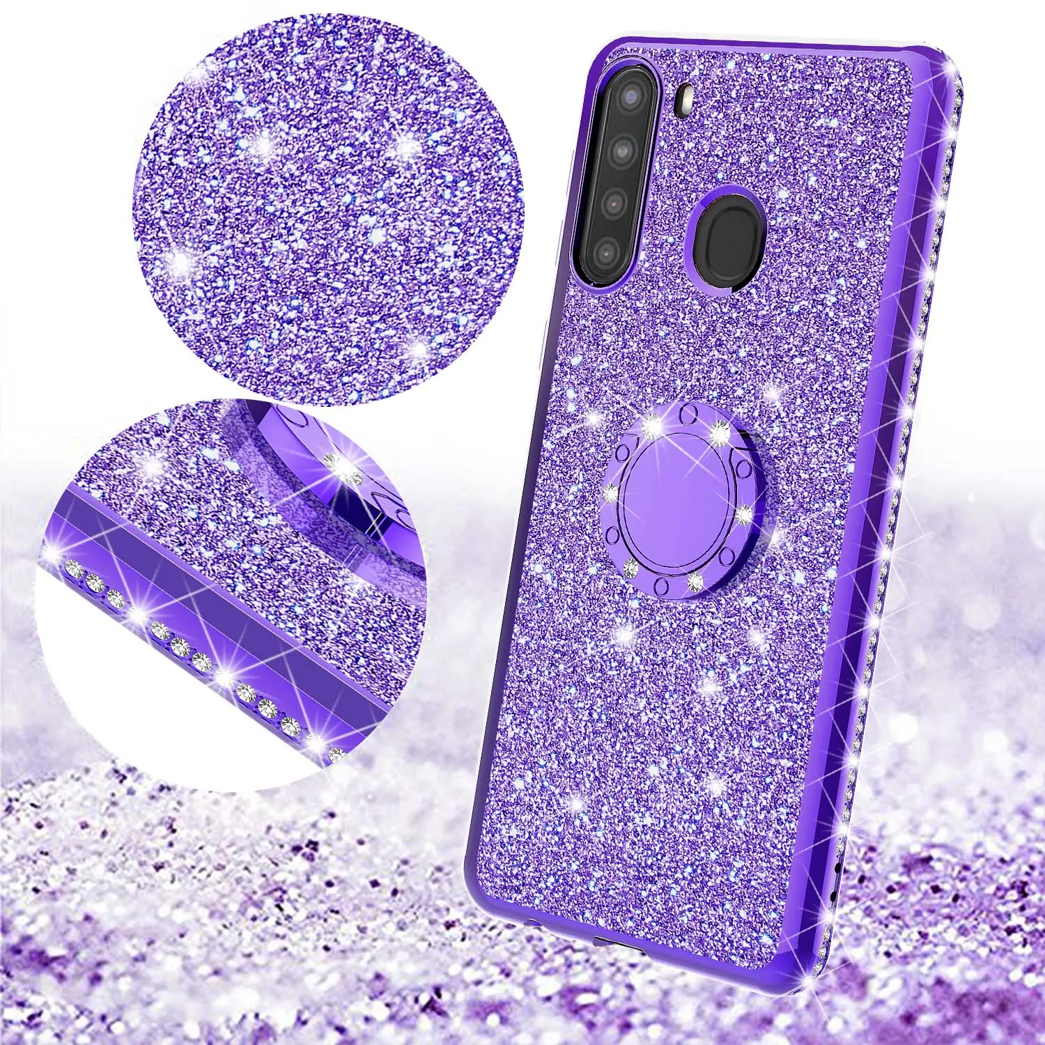 Samsung Galaxy A11 Case, Glitter Cute Phone Case Girls with Kickstand,Bling Diamond Rhinestone Bumper Ring Stand Sparkly Luxury Clear Thin Soft Protective Samsung Galaxy A11 Case for Girl Women - Purple