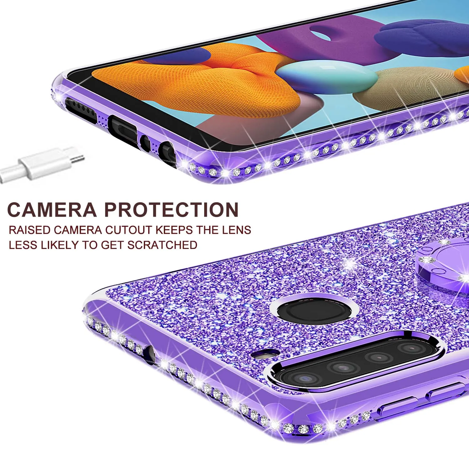 Samsung Galaxy A11 Case, Glitter Cute Phone Case Girls with Kickstand,Bling Diamond Rhinestone Bumper Ring Stand Sparkly Luxury Clear Thin Soft Protective Samsung Galaxy A11 Case for Girl Women - Purple