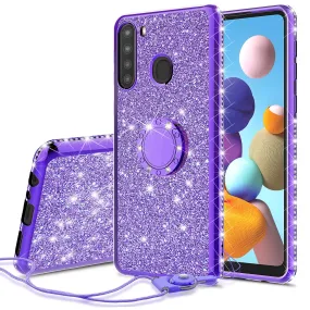 Samsung Galaxy A11 Case, Glitter Cute Phone Case Girls with Kickstand,Bling Diamond Rhinestone Bumper Ring Stand Sparkly Luxury Clear Thin Soft Protective Samsung Galaxy A11 Case for Girl Women - Purple