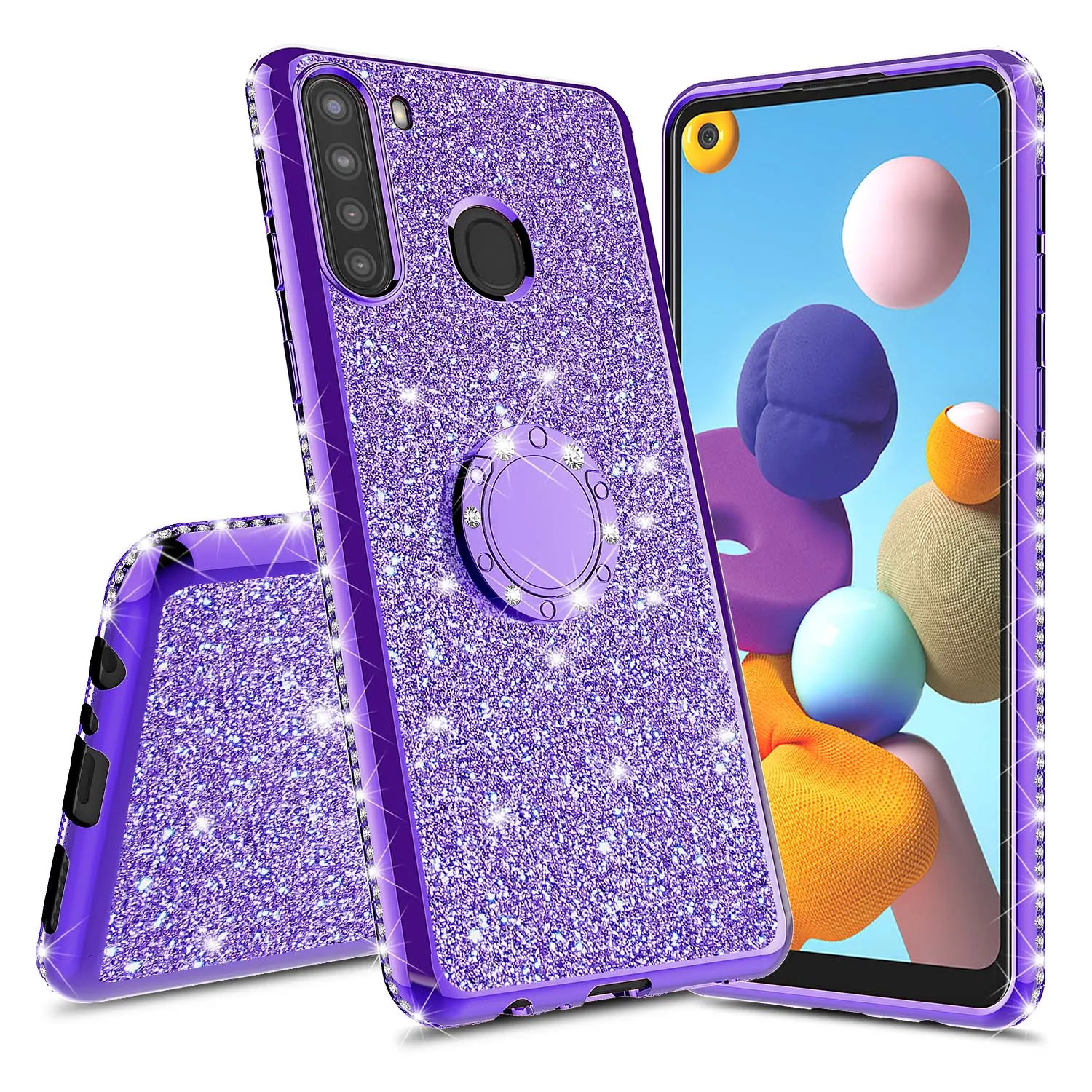 Samsung Galaxy A11 Case, Glitter Cute Phone Case Girls with Kickstand,Bling Diamond Rhinestone Bumper Ring Stand Sparkly Luxury Clear Thin Soft Protective Samsung Galaxy A11 Case for Girl Women - Purple