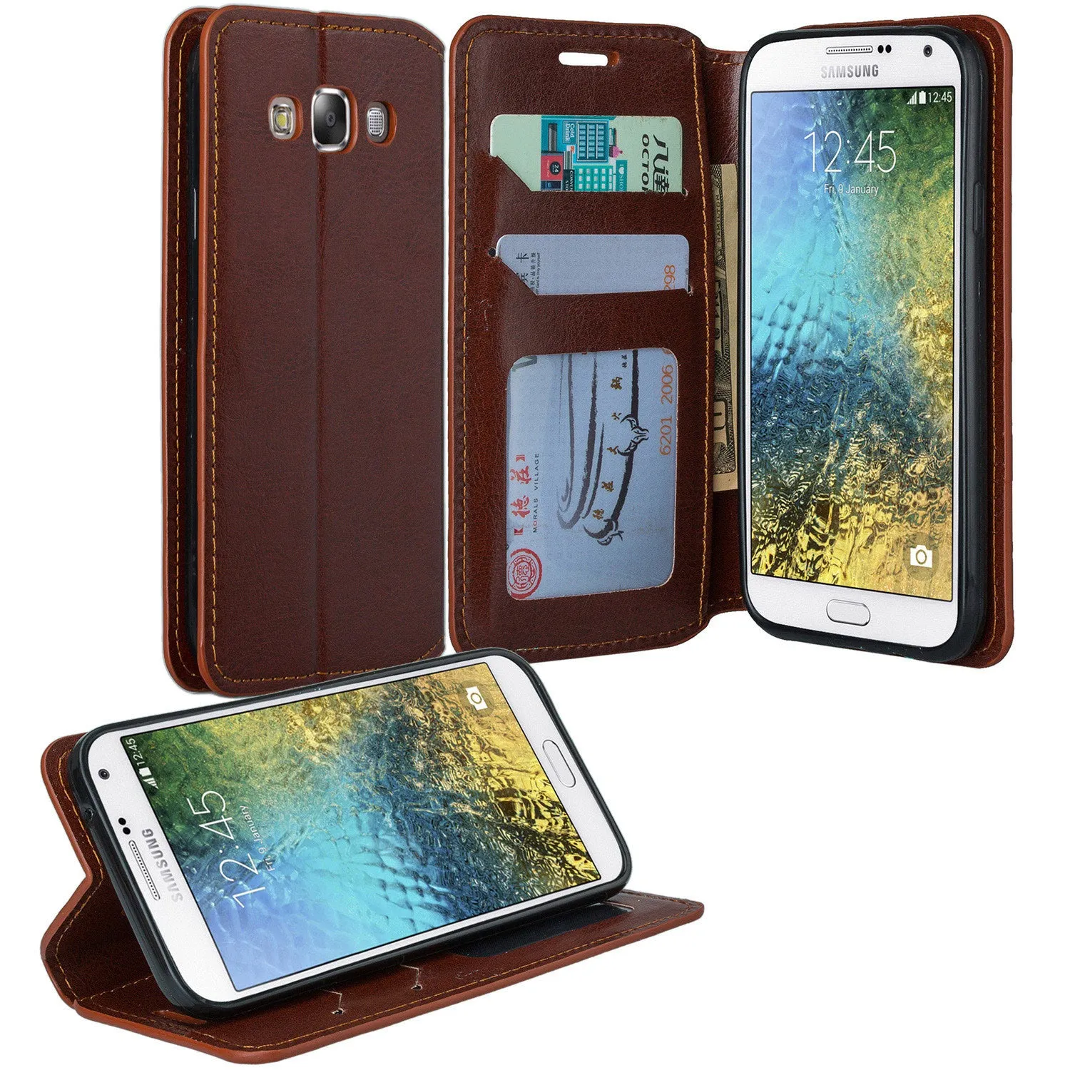 Samsung Galaxy E5 Wallet Case, Slim Magnetic Flip Fold[Kickstand] Pu Leather Wallet Case with ID & Credit Card Slots & Pocket for Galaxy E5 - Brown