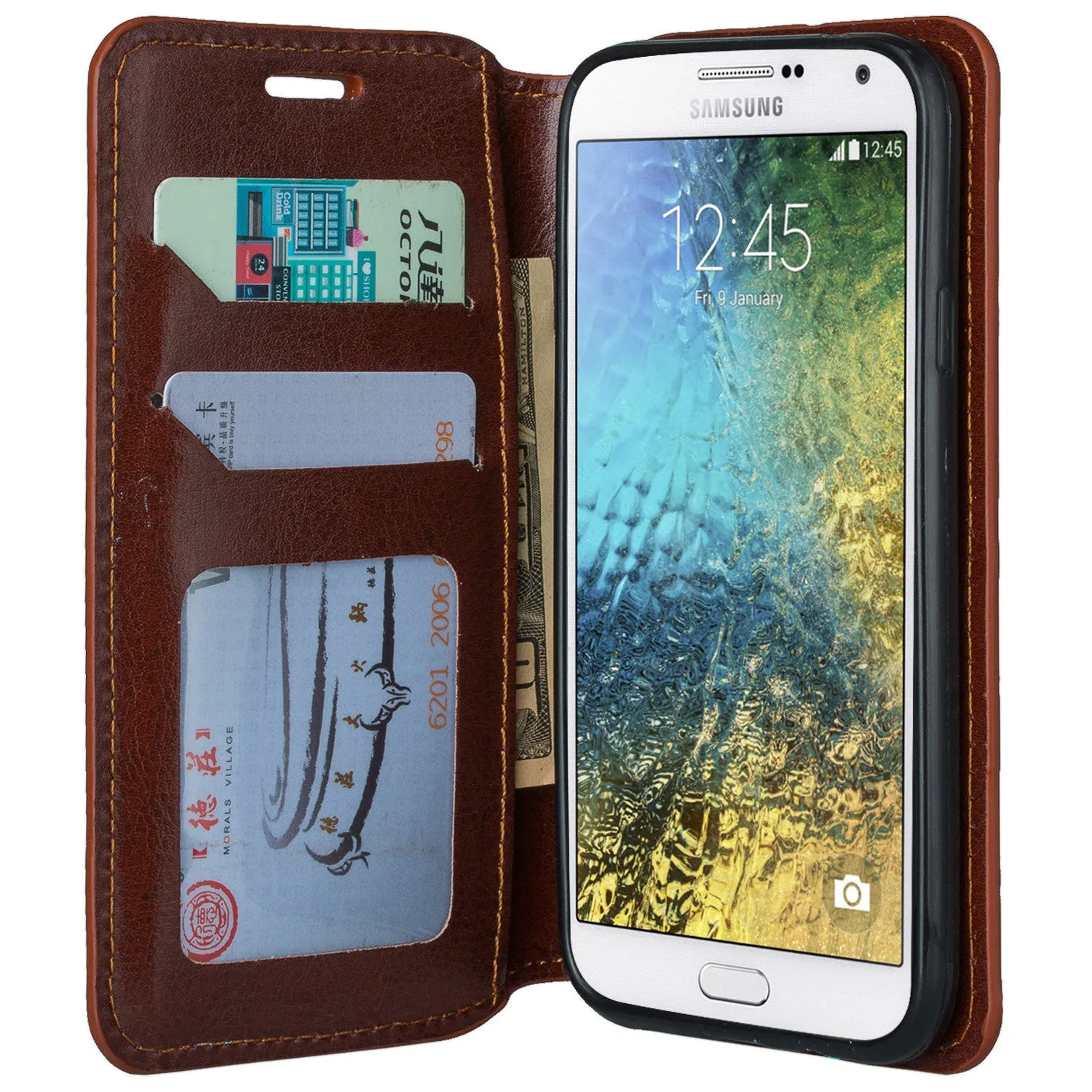 Samsung Galaxy E5 Wallet Case, Slim Magnetic Flip Fold[Kickstand] Pu Leather Wallet Case with ID & Credit Card Slots & Pocket for Galaxy E5 - Brown