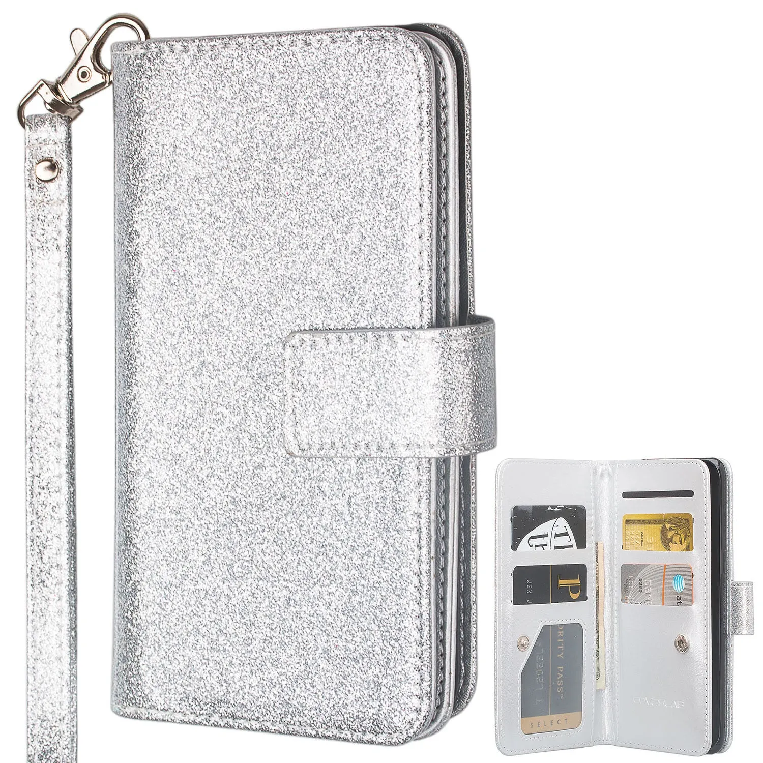 Samsung Galaxy J3 Eclipse, J3 Luna Pro, J3 Mission, Amp Prime 2, Express Prime 2 Case, [Wrist Strap] Glitter Faux Leather Flip [Kickstand Feature] Wallet Case Clutch Case - Silver