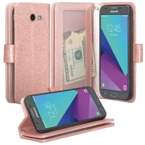 Samsung Galaxy J3 Emerge | J3 (2017) | J3 Prime | Samsung SM-J327P Case, [Wrist Strap] Glitter Faux Leather Flip [Kickstand Feature] Protective Wallet Case Clutch - Rose Gold