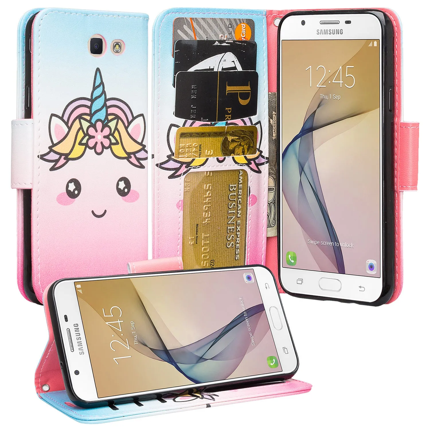 Samsung Galaxy J7 (2017) / J7 Sky Pro / J7 Perx / J7 V / J7 Prime / Galaxy Halo Case, Wrist Strap Pu Leather Magnetic Flip[Kickstand] Wallet Cover w/ Card Slots - White Unicorn