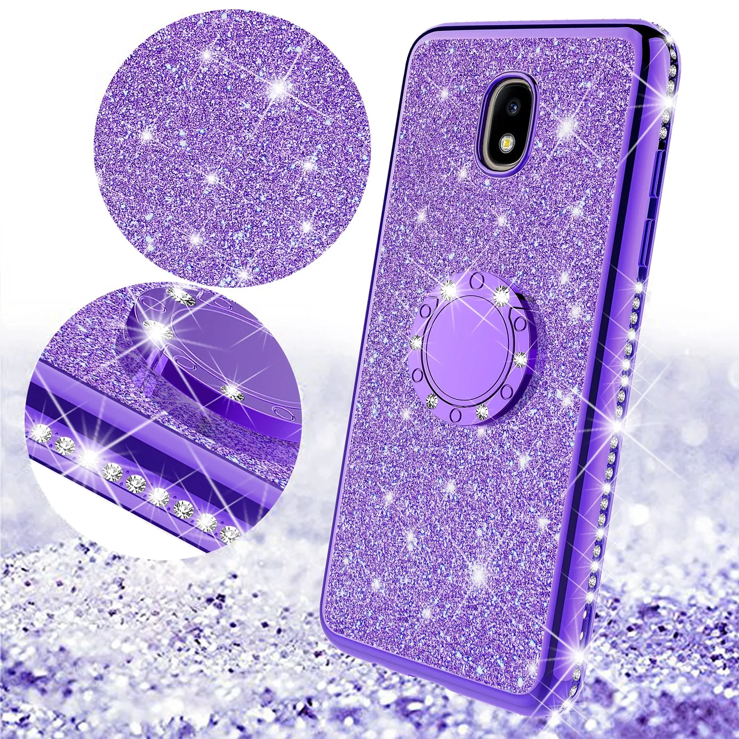 Samsung Galaxy J7 V 2nd Gen/J7 Crown/J7 Top/J7 2018/J7 Star/J7 Achieve/J7 Refine/J7 Aero/J7 Aura Case, Rhinestone Crystal Glitter Cute Style Ring Thing Soft Protective Phone Cover Girls Women - Purple