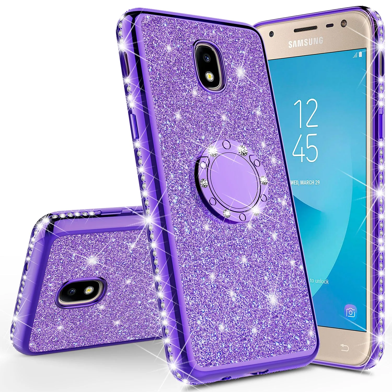 Samsung Galaxy J7 V 2nd Gen/J7 Crown/J7 Top/J7 2018/J7 Star/J7 Achieve/J7 Refine/J7 Aero/J7 Aura Case, Rhinestone Crystal Glitter Cute Style Ring Thing Soft Protective Phone Cover Girls Women - Purple