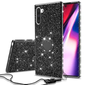 Samsung Galaxy Note 10 Case, Glitter Cute Phone Case Girls with Kickstand,Bling Diamond Rhinestone Bumper Ring Stand Sparkly Luxury Clear Thin Soft Protective Samsung Galaxy Note 10 Case for Girl Women - Black