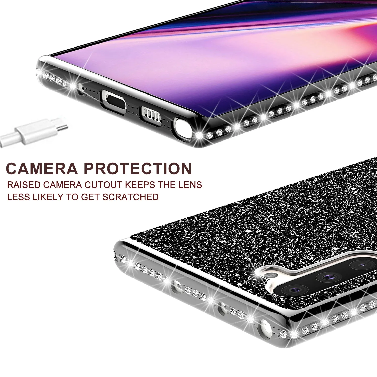 Samsung Galaxy Note 10 Case, Glitter Cute Phone Case Girls with Kickstand,Bling Diamond Rhinestone Bumper Ring Stand Sparkly Luxury Clear Thin Soft Protective Samsung Galaxy Note 10 Case for Girl Women - Black