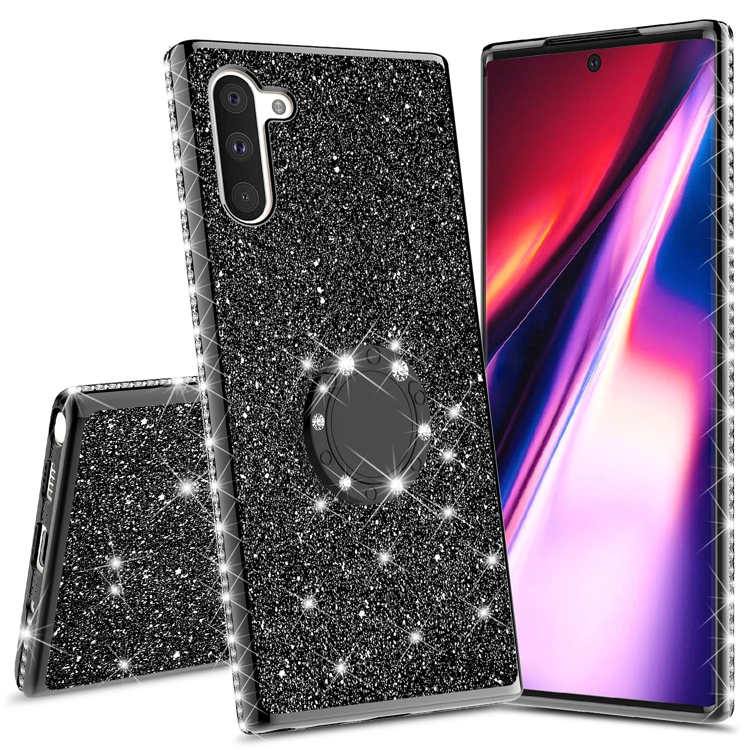 Samsung Galaxy Note 10 Case, Glitter Cute Phone Case Girls with Kickstand,Bling Diamond Rhinestone Bumper Ring Stand Sparkly Luxury Clear Thin Soft Protective Samsung Galaxy Note 10 Case for Girl Women - Black