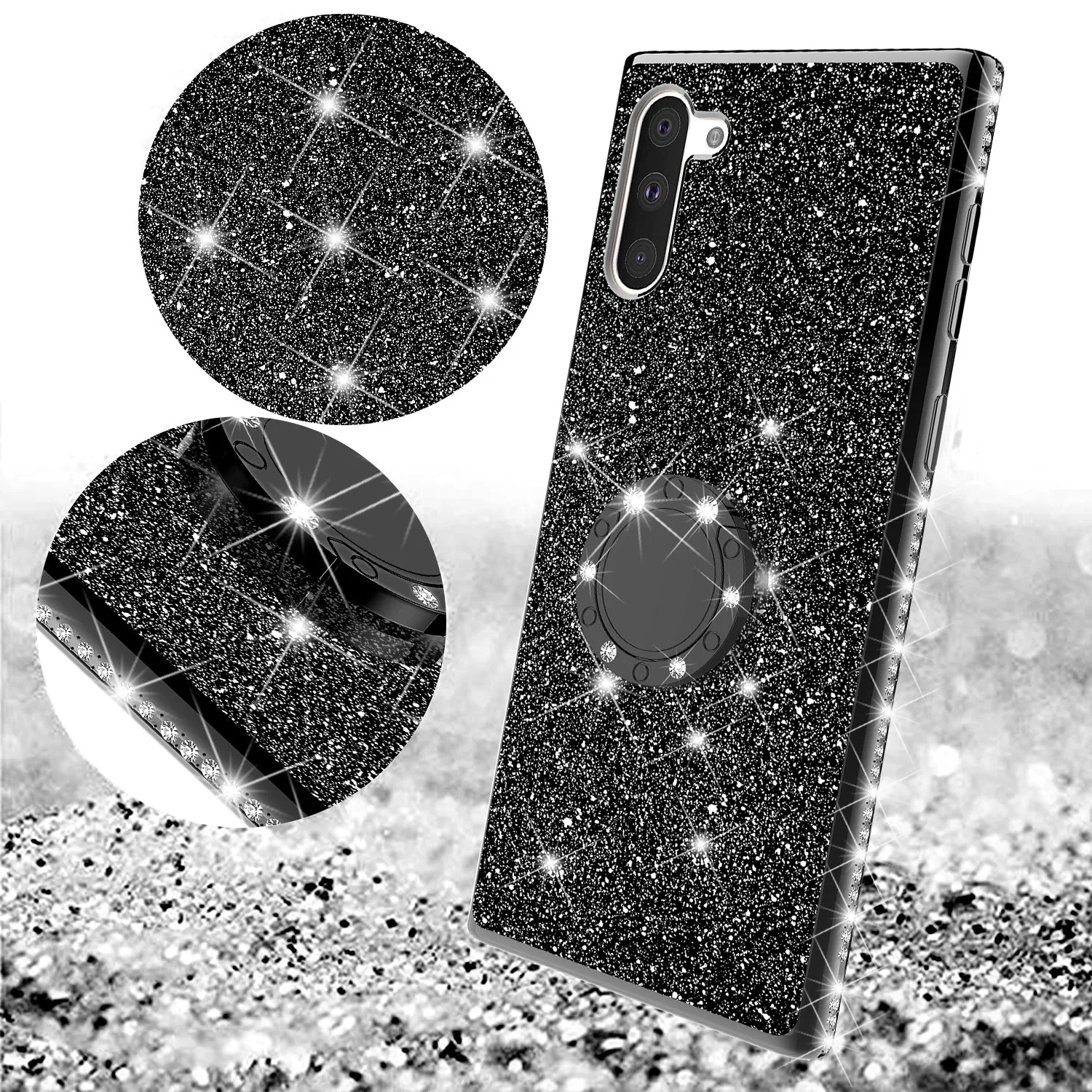 Samsung Galaxy Note 10 Case, Glitter Cute Phone Case Girls with Kickstand,Bling Diamond Rhinestone Bumper Ring Stand Sparkly Luxury Clear Thin Soft Protective Samsung Galaxy Note 10 Case for Girl Women - Black