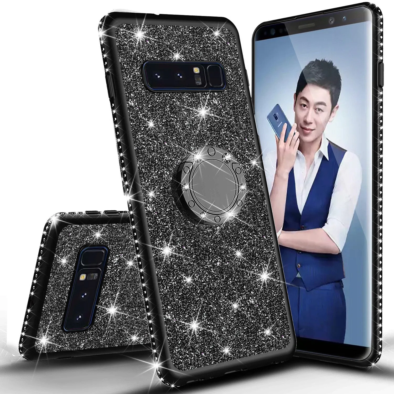 Samsung Galaxy S10 Case, Glitter Cute Phone Case Girls with Kickstand, Bling Diamond Rhinestone Bumper Ring Stand Sparkly Luxury Clear Thin Soft Protective Samsung Galaxy S10 Cover for Girl Women - Black